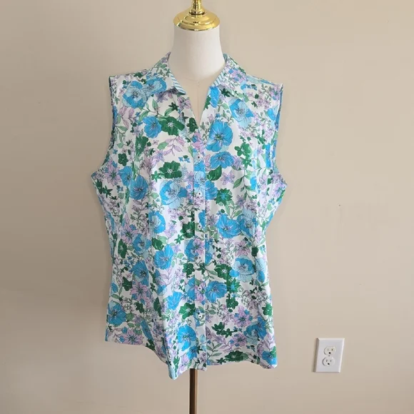 Talbots Floral Non Iron Sleeveless Shirt Spring Easter Classic Preppy - Picture 2 of 9